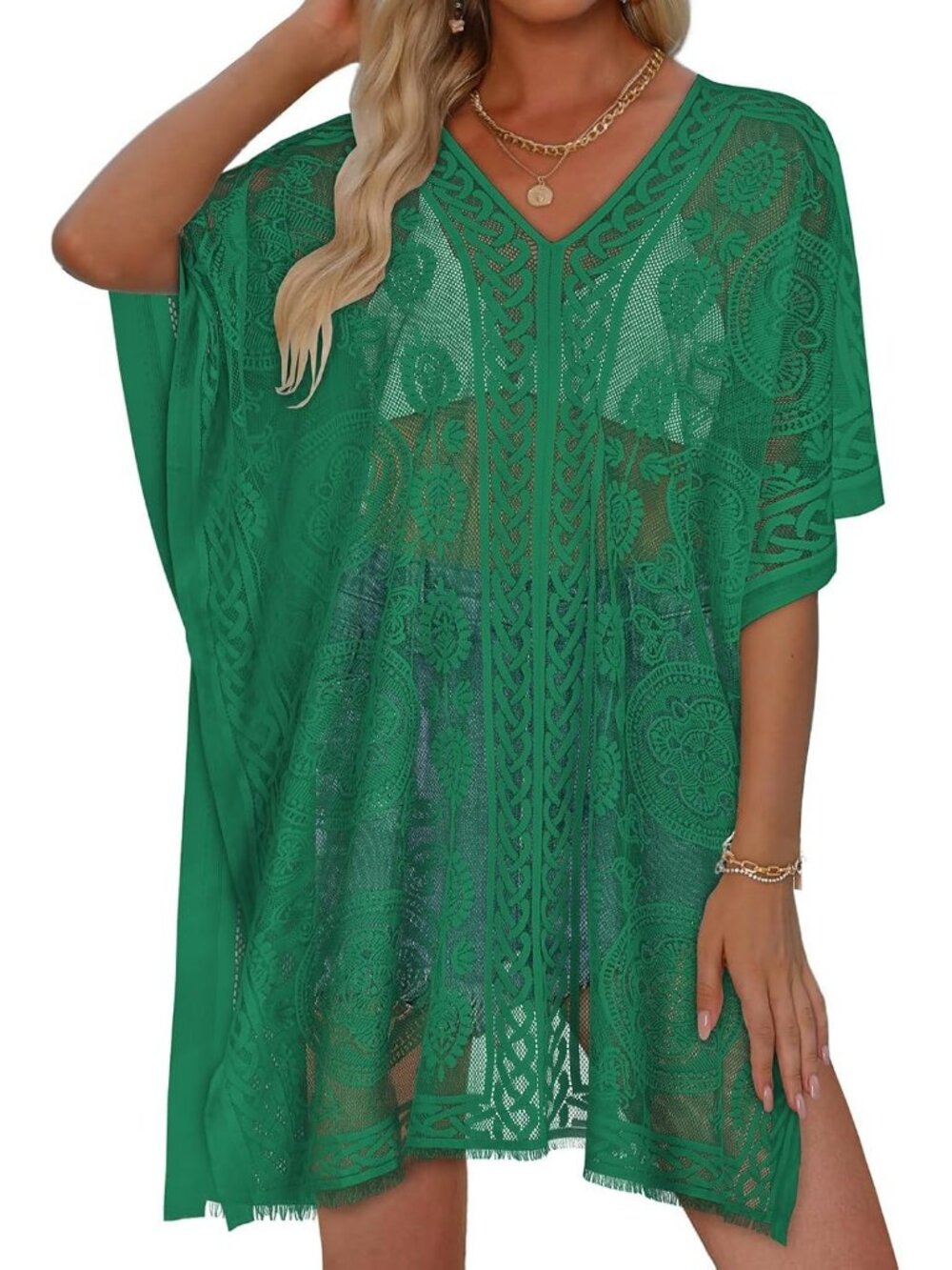 Women's Grass Green Polyester V Neck Laced Summer Swim Loose Bikni Coverup Dress